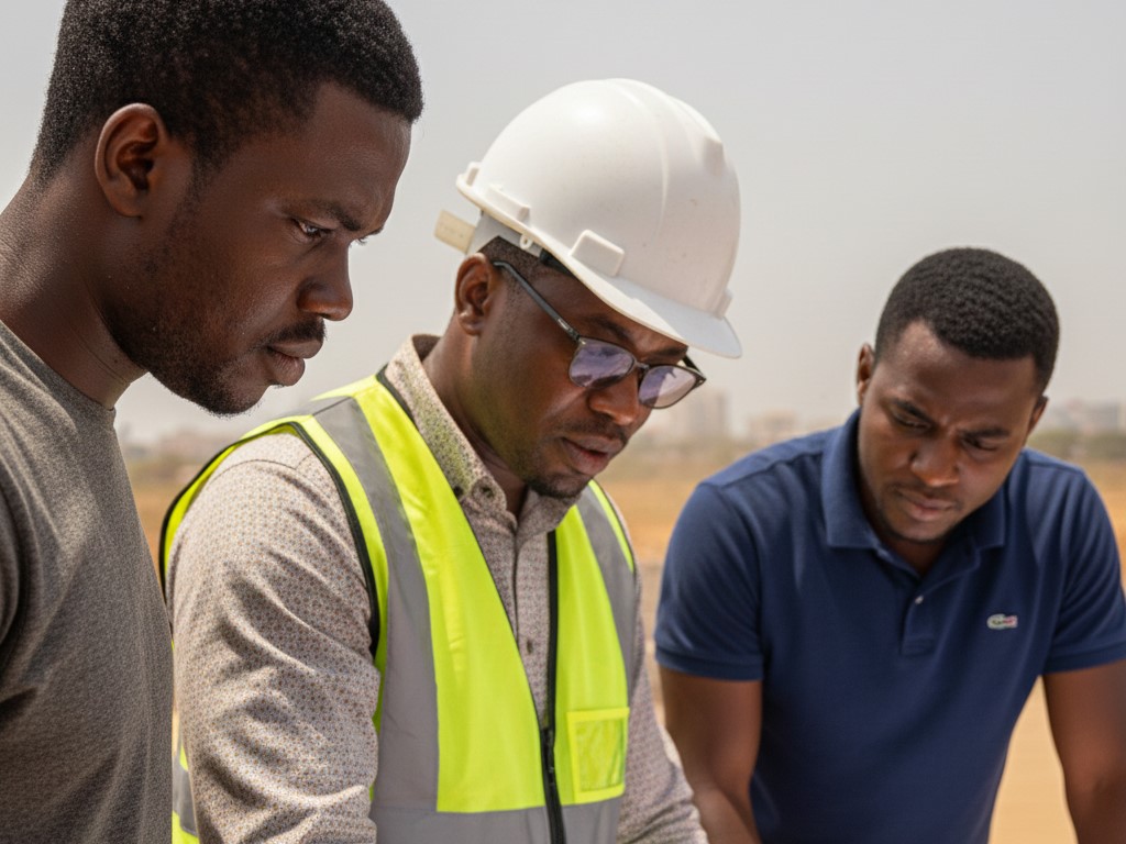A close-up, high-quality photograph of three Nigerian men at a sunny construction site, including one wearing a white hard hat and yellow reflective vest, intently looking down, likely reviewing project documents or blueprints.