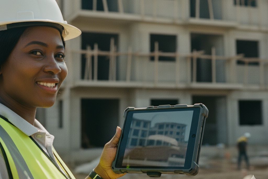 Representative on a video call with a diasporan client at a construction site.
