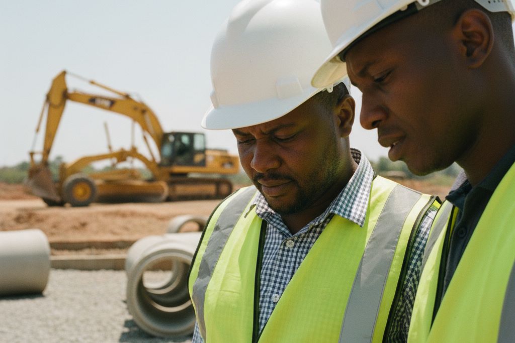 Civil engineers supervising road and drainage installation on an estate development site in Abuja.
