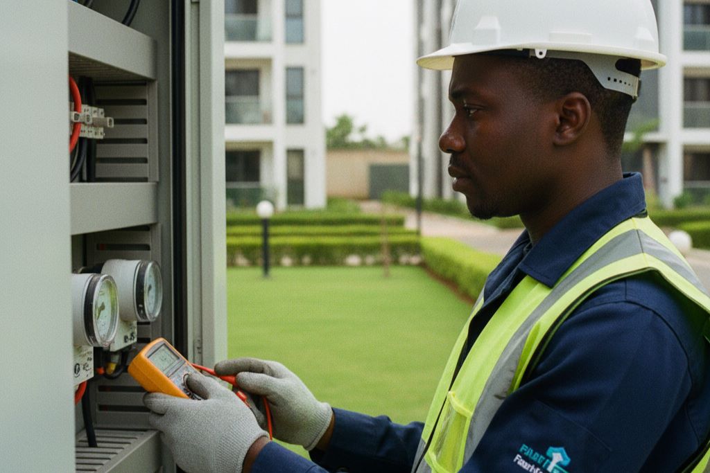 Facility technician maintaining electrical equipment in a residential estate.