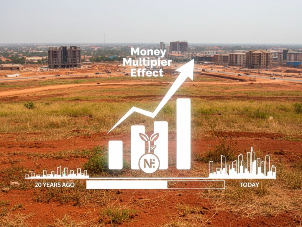 Aerial view of sprawling, undeveloped red land in Abuja/Lagos transforming into a modern city skyline, overlaid with a bright white financial growth chart pointing upward.