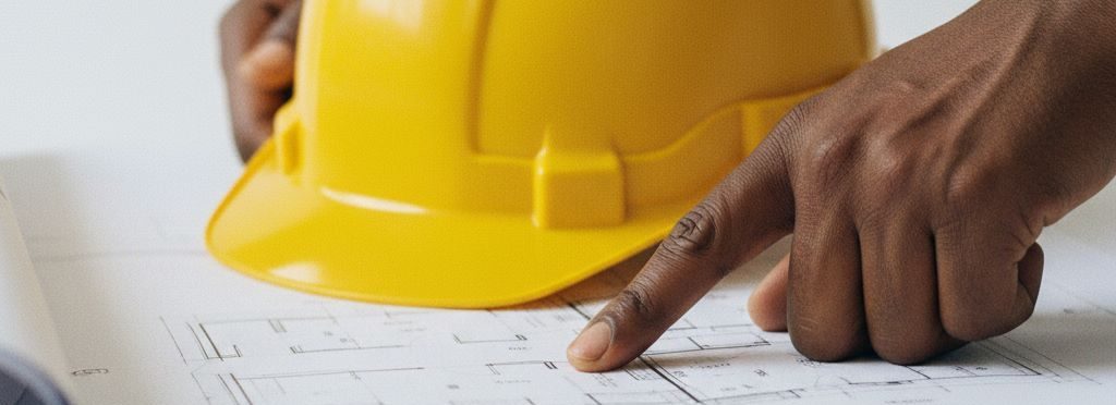 A site manager's hands with a hard hat, blueprint, and key symbolizing full project execution.