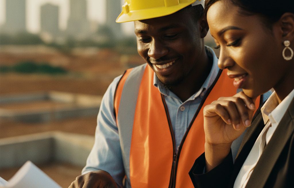 Project manager and client discussing plans on a plot of land in Abuja.