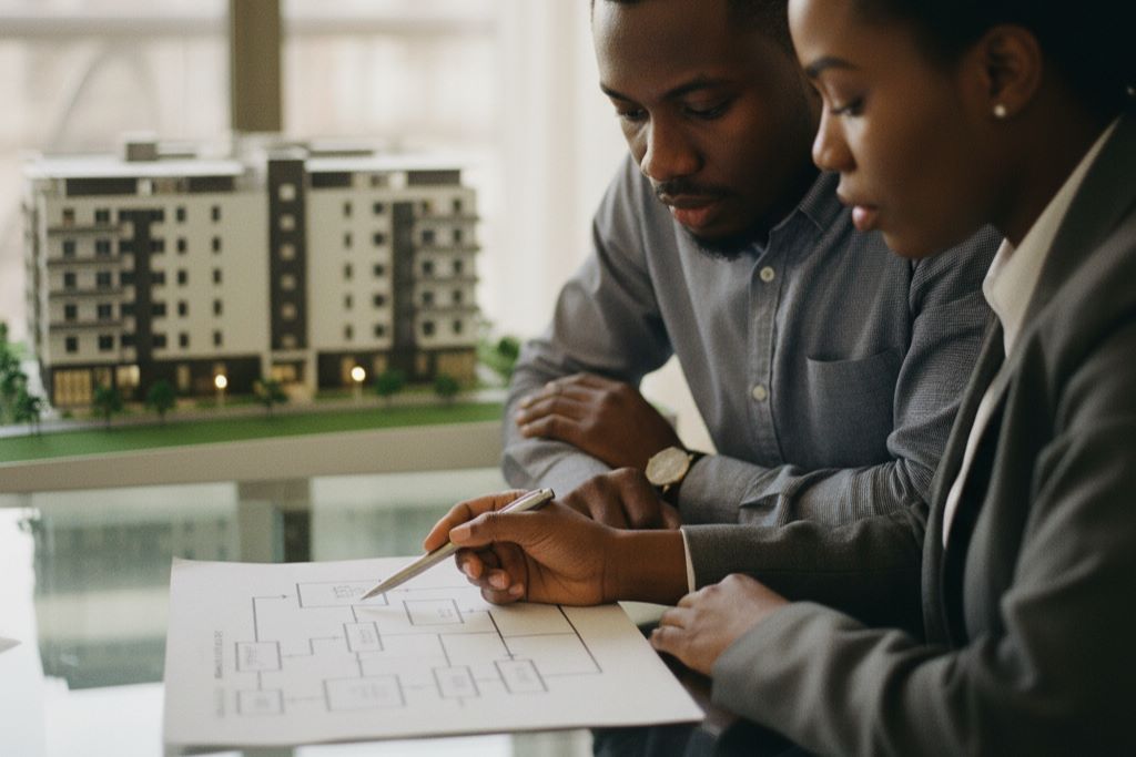 Real estate consultant providing investment guidance to a client in a professional office.