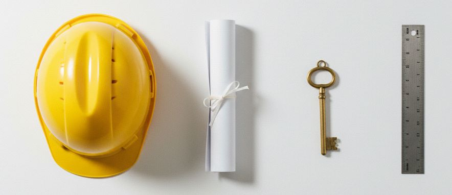 A flat-lay of a hard hat, blueprint, key, and ruler symbolizing full-service property development.