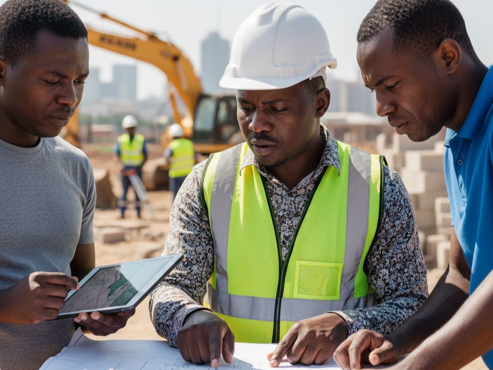 A close-up photograph of three men at a sunny construction site, reviewing blueprints spread on a table. One man in a hard hat and safety vest points at the paper while another holds a digital tablet displaying a map or site plan. A bulldozer and other workers are visible in the blurred background.