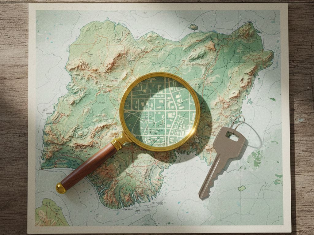 A detailed map of Abuja with a magnifying glass focusing on a key future development area.