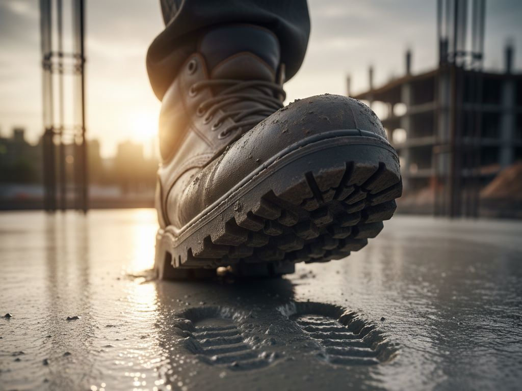 Close-up of a construction boot making a fresh imprint in wet concrete