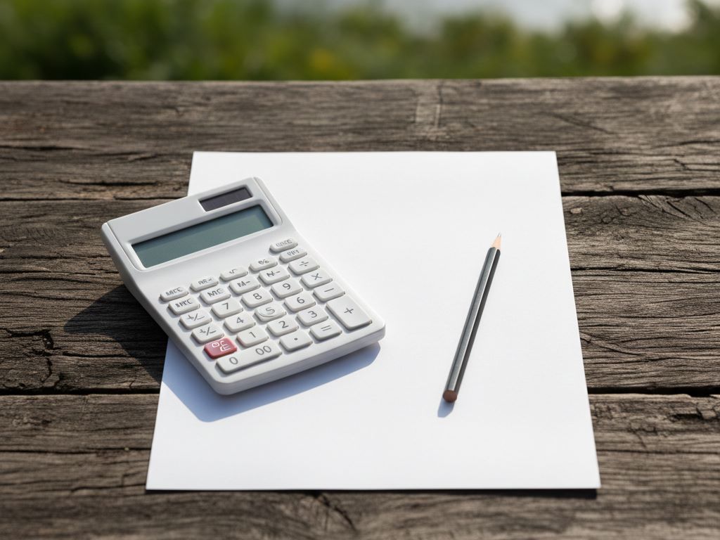 Overhead shot of a calculator and pencil on blank paper on a wooden table in natural light