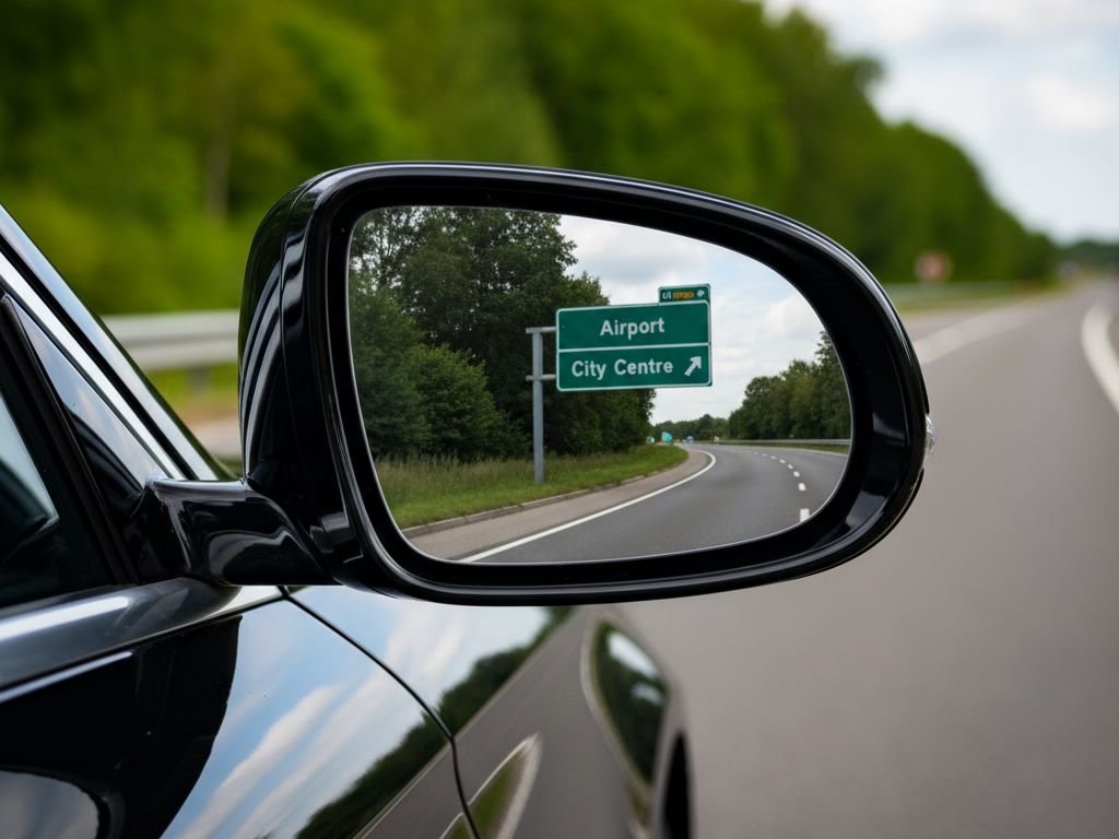 Close-up of a car's side mirror reflecting a clear road sign for the airport and city center