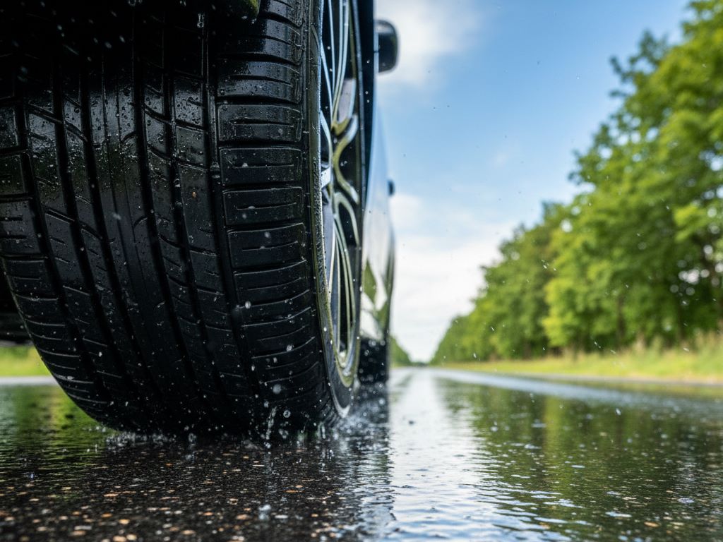 Low-angle close-up of a car tire on wet, freshly paved asphalt reflecting the sky