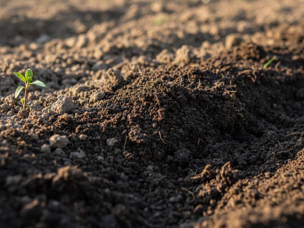 Close-up detail of fertile soil being turned over in sunlight, showing texture and potential for development