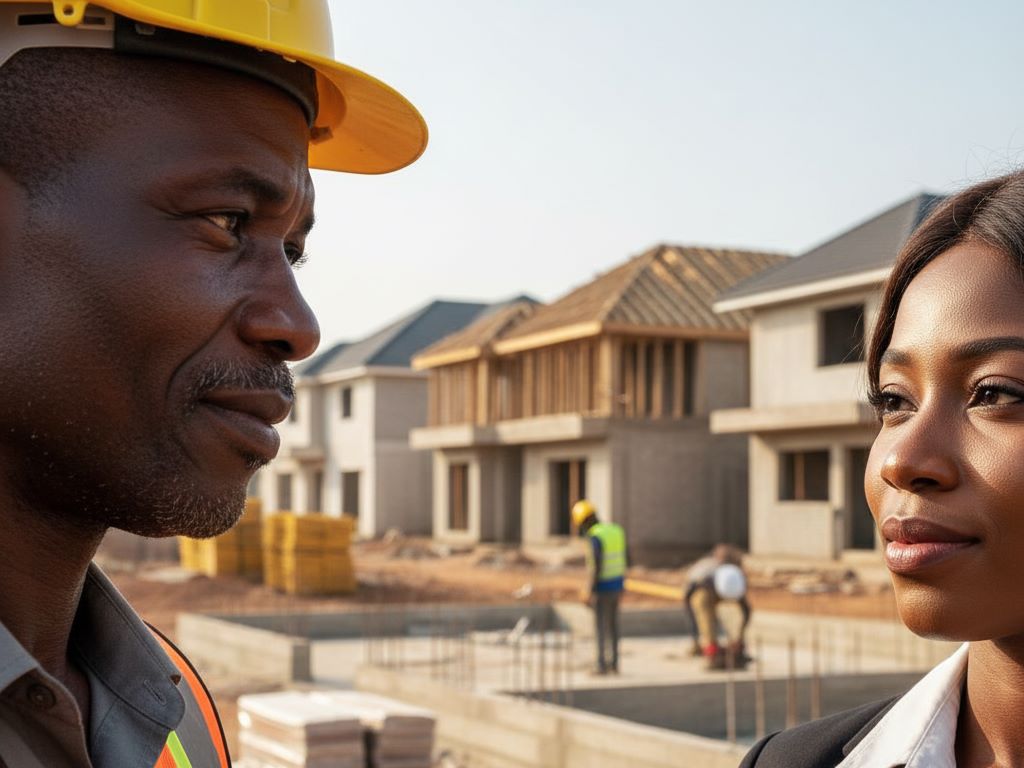 Construction foreman and potential homeowner sharing a moment of understanding at a sunny build site.