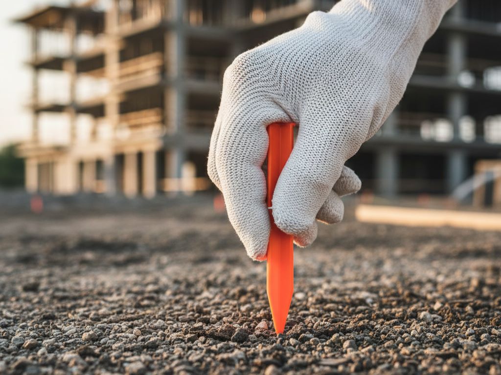 A gloved hand in motion, placing a bright surveyor's pin into the ground with construction in the background