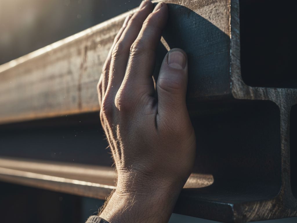 Close-up of a hand firmly gripping a solid steel construction I-beam