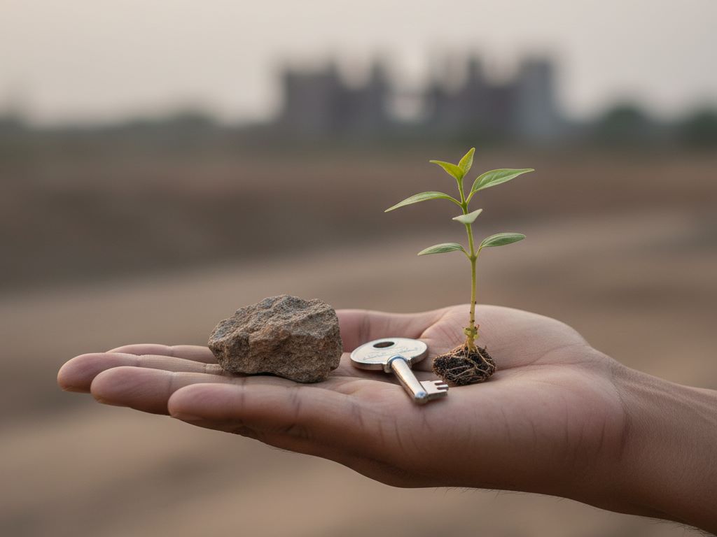 A hand holding a stone, a key, and a green sprout, representing the pillars of security
