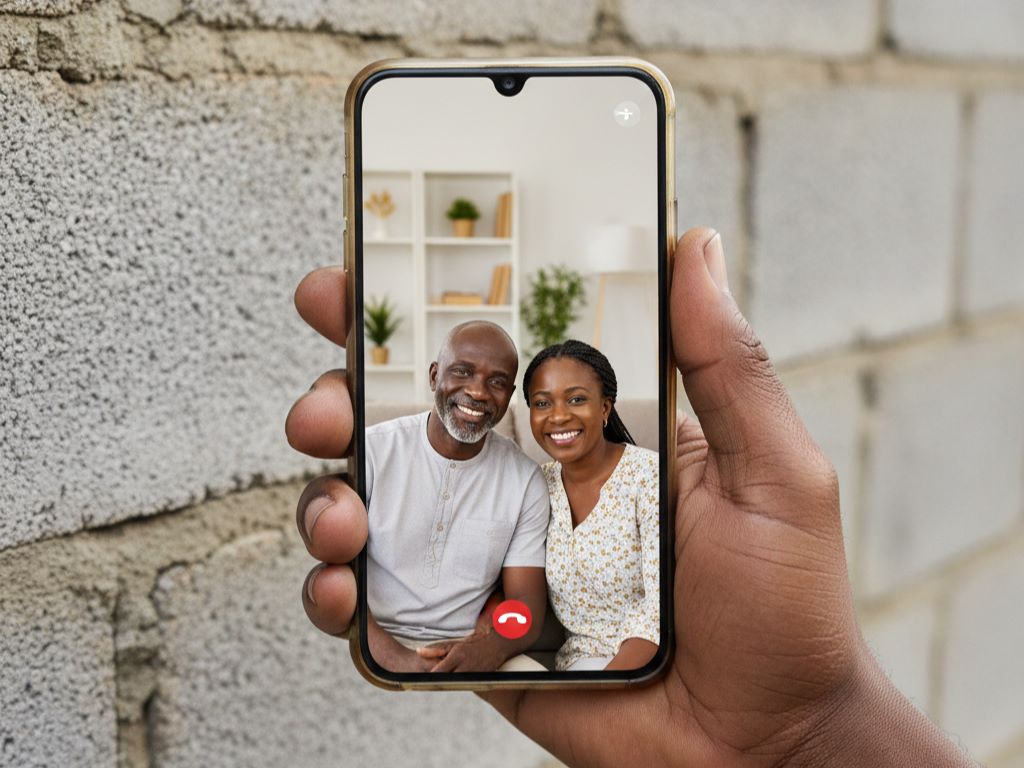 A worker's hand holding a phone showing a diaspora couple on a video call, with a construction site behind.
