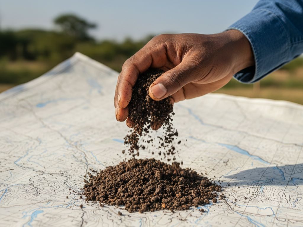 Hand sifting rich soil over a clean, generic surveyor's map, symbolizing the raw potential of a land purchase