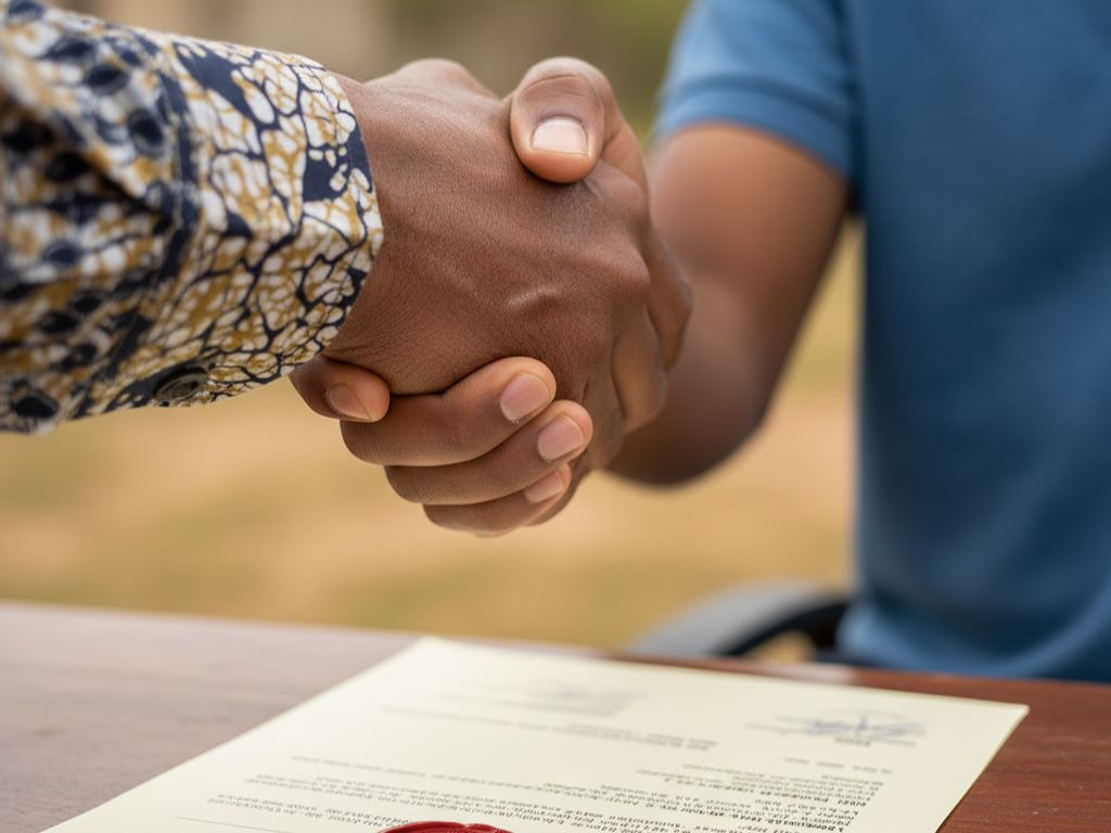 Close-up of a firm handshake over an officially stamped document, symbolizing trust and legal assurance