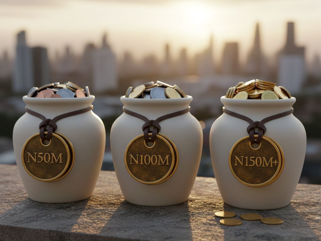 Close-up of three porcelain jars with brass tokens representing investment tiers N50M, N100M, N150M+