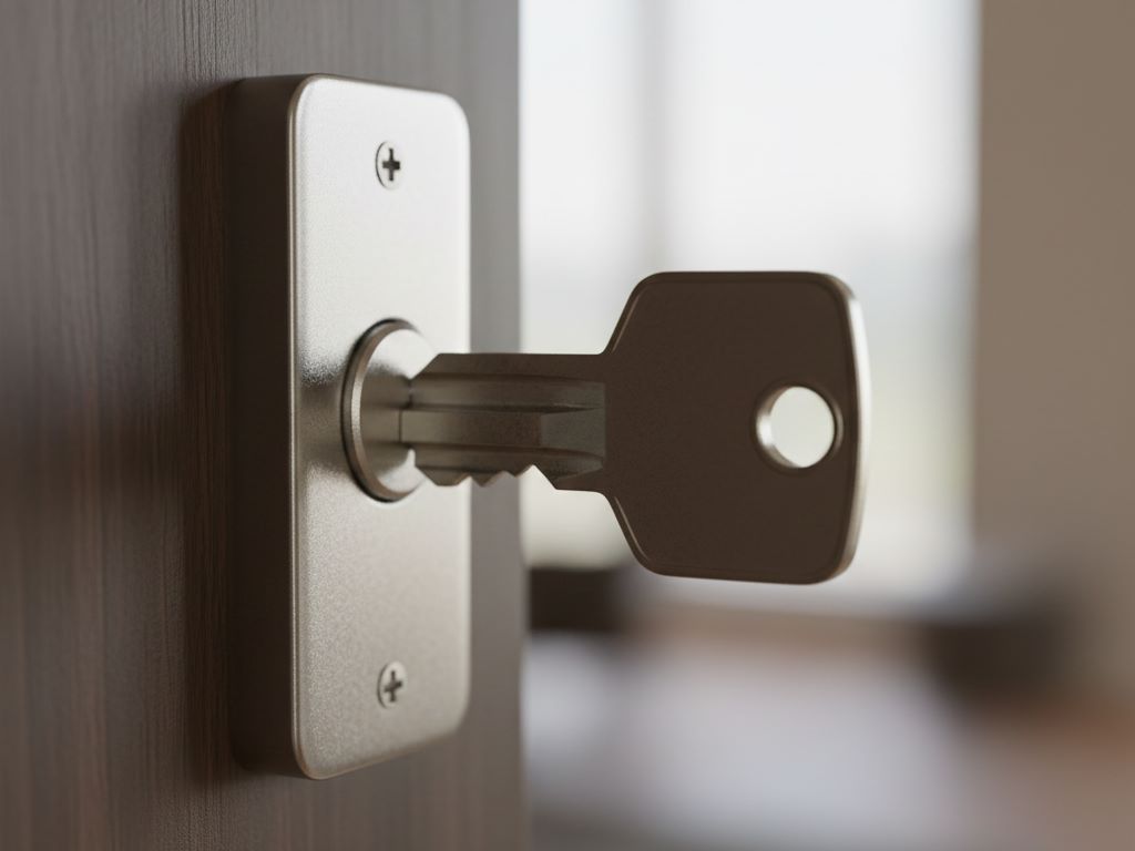 Extreme close-up of a key being turned in a new, high-quality door lock mechanism