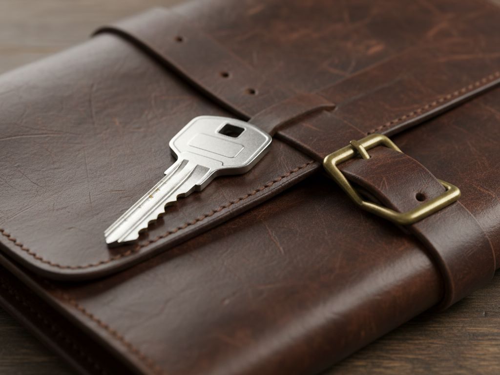 Close-up of a weathered leather document folio with a new, intricate key lying across it