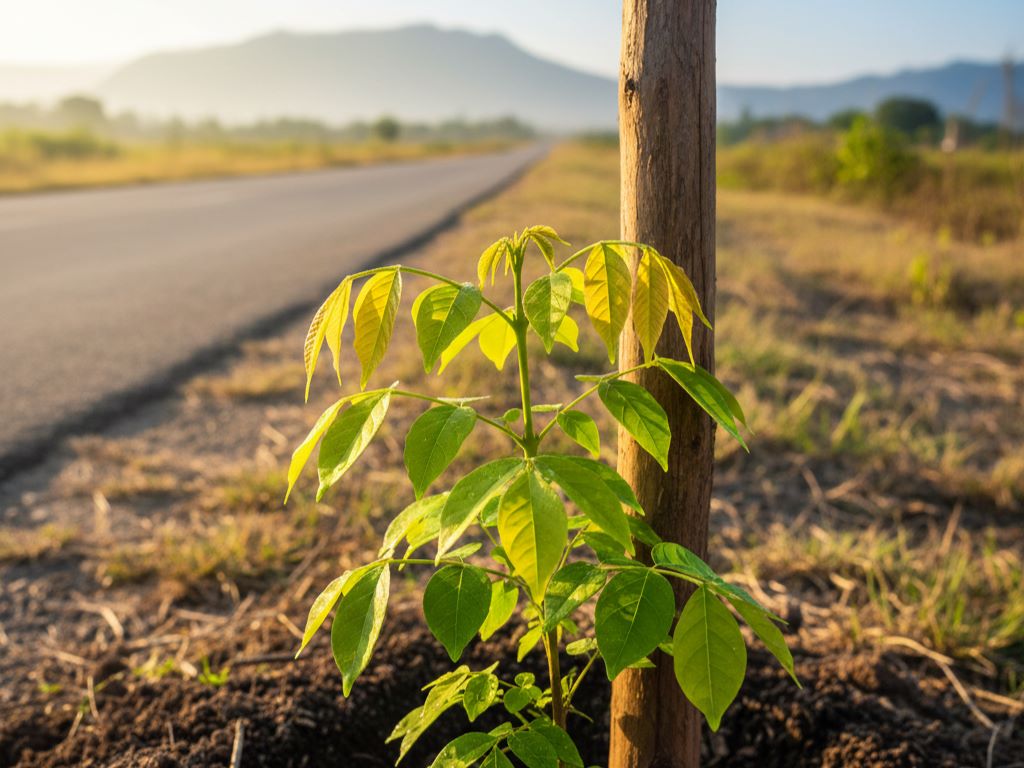 Close-up of a newly planted sapling supported by a stake, with a sunlit paved road in the soft background