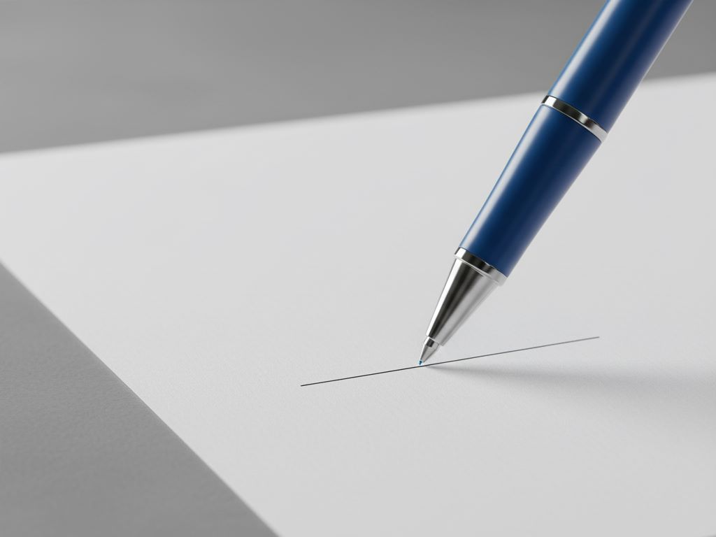Close-up of a pen tip poised above a blank signature line on a formal document
