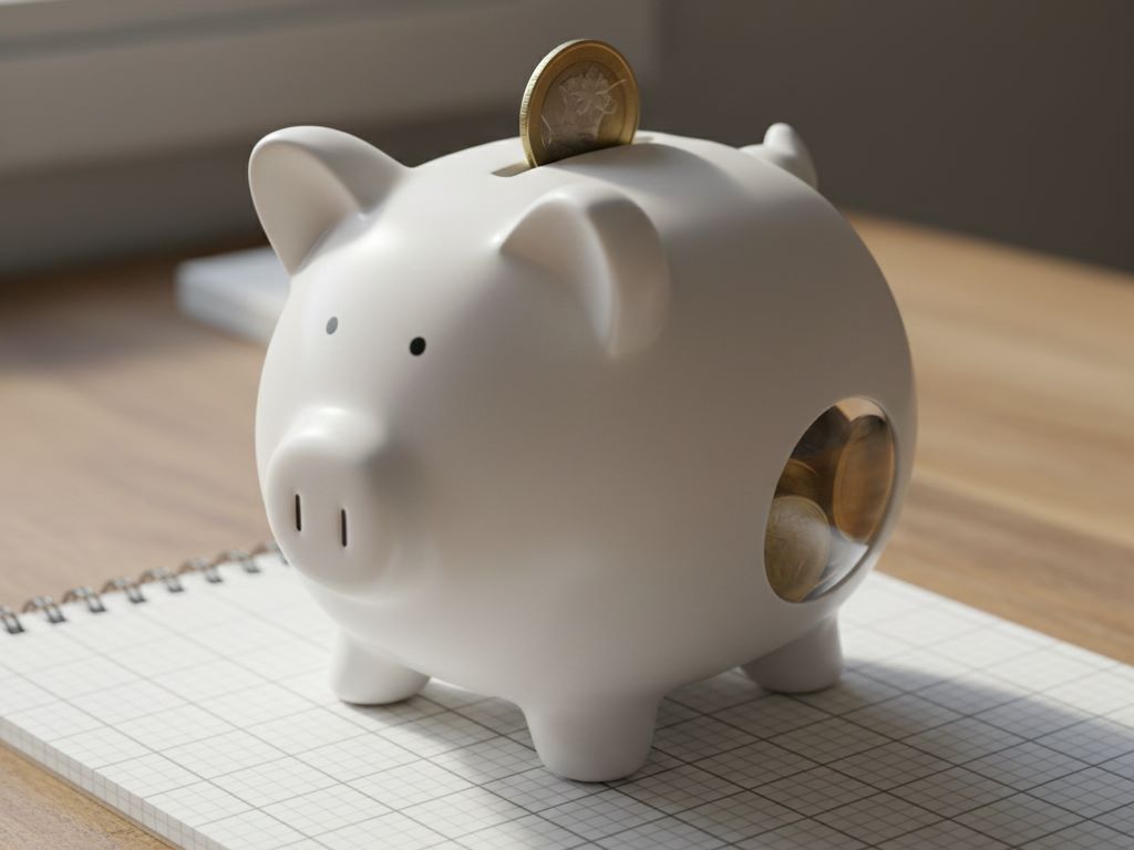 Close-up of a clear piggy bank with savings inside, sitting on graph paper with penciled planning grids