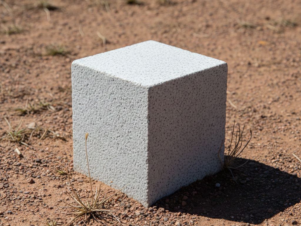 Ground-level close-up of a clean, permanent property corner marker casting a sharp shadow on the earth