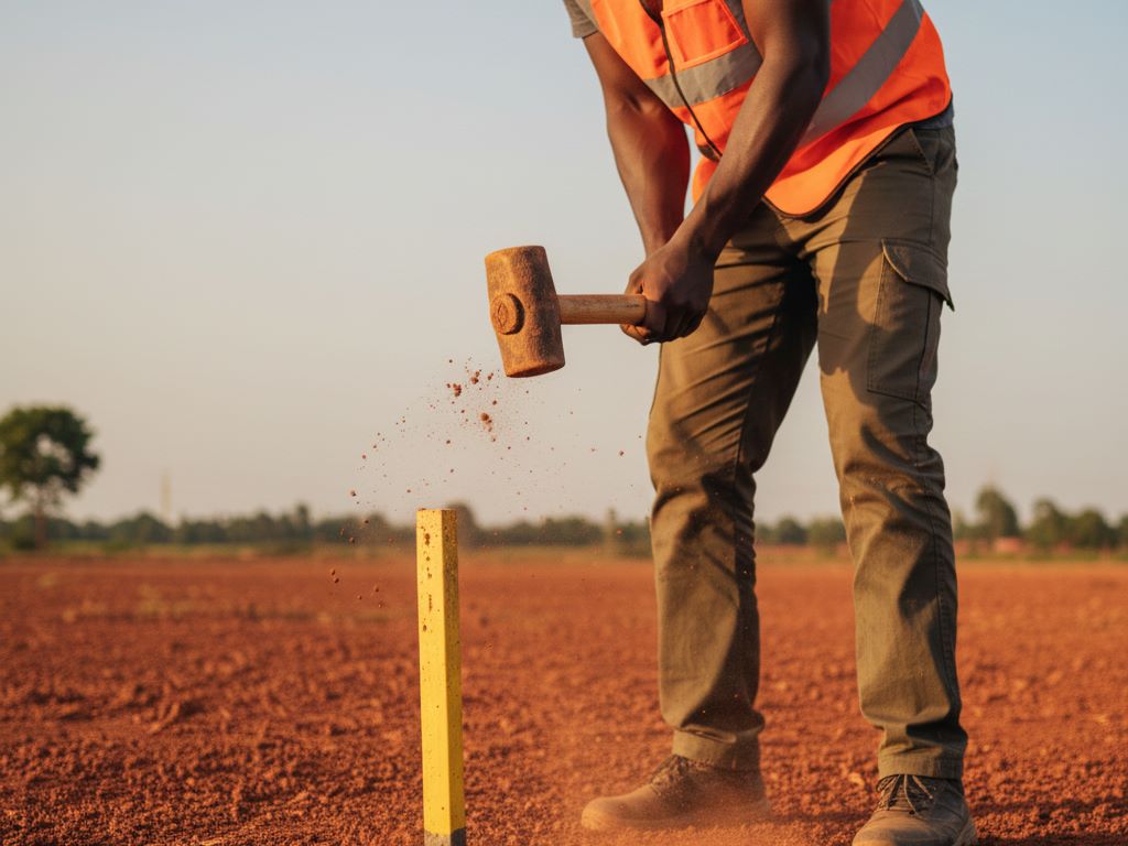 Surveyor driving a yellow stake into red earth on a vast, untouched land plot