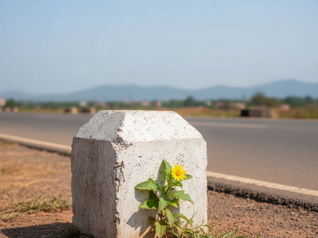 Close-up of a road marker stone with a wildflower at its base, on the side of a wide road under a spacious sky