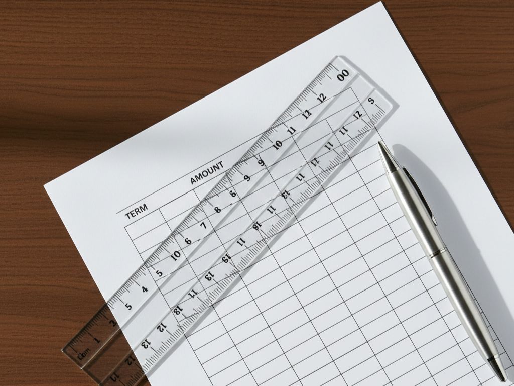 Overhead view of a transparent ruler lying on a printed, structured financial payment plan table
