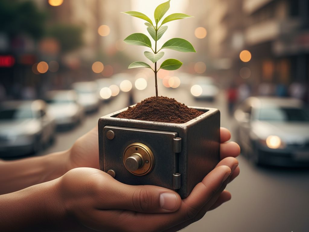 Hands holding an open safe filled with soil and a growing sapling, with a busy city blurred behind