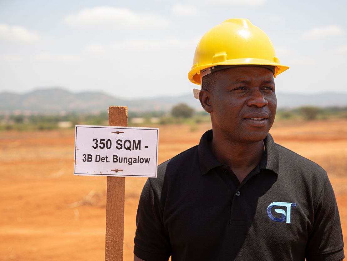 Site manager showing demarcated plot at Bungalow City development