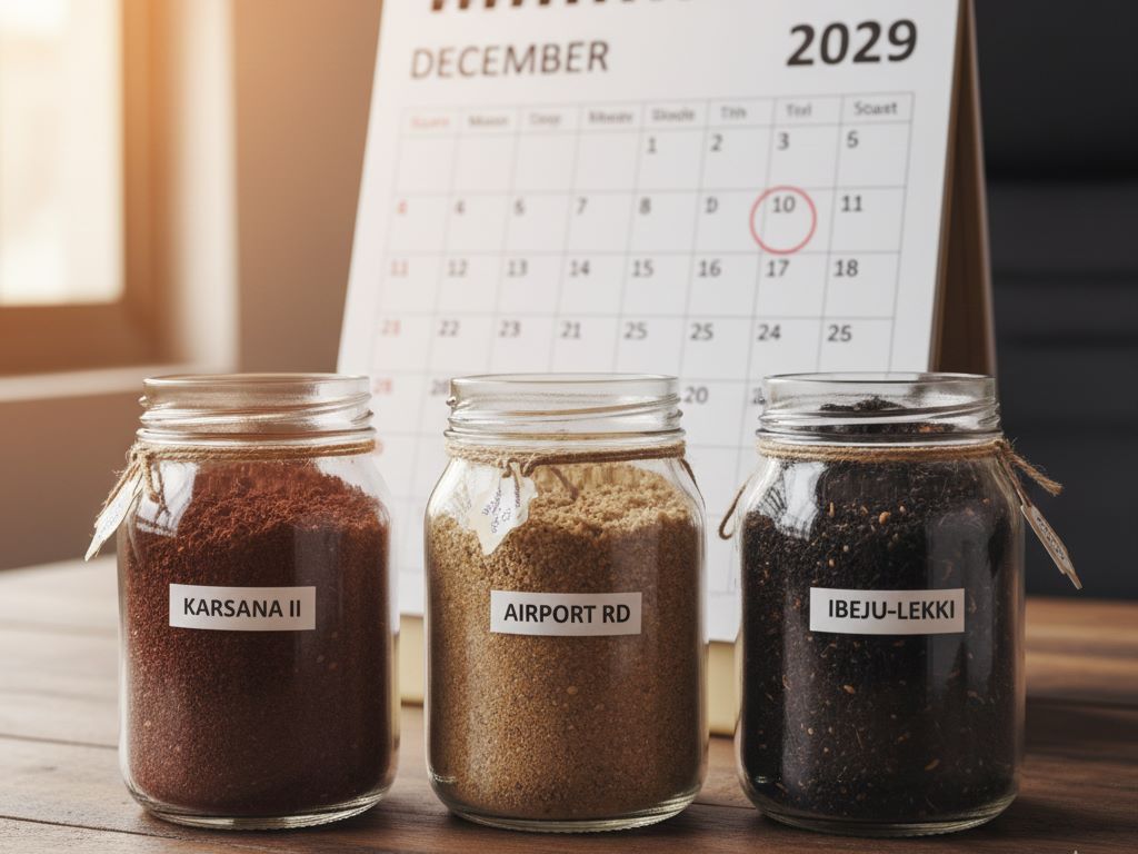Three jars of soil labeled as future hotspots, with a calendar open 5 years ahead behind them