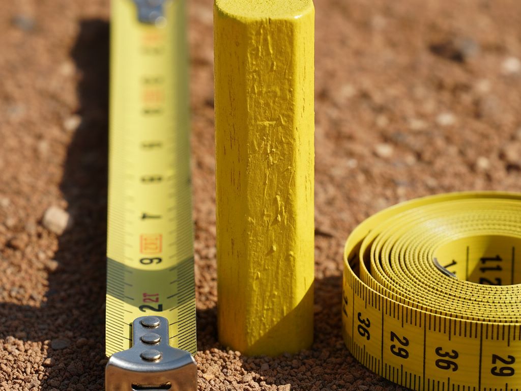 Extreme close-up of a new surveyor's peg and a measuring tape on the ground, symbolizing demarcation and planning