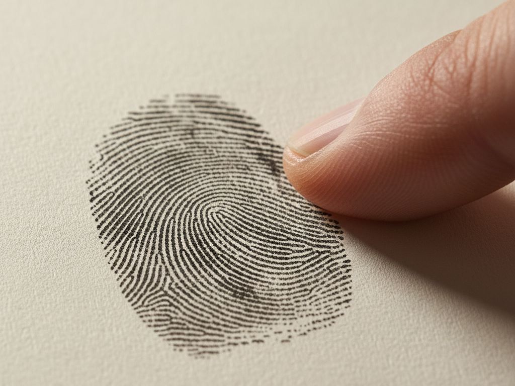 Extreme close-up of a thumbprint being pressed onto blank, textured paper