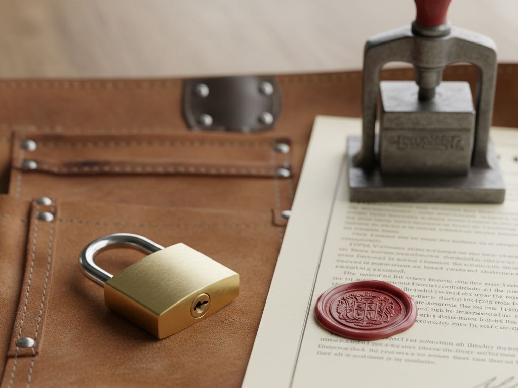 A worn leather tool belt with a new brass padlock and an official stamped seal placed on top