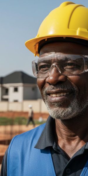 Experienced site engineer smiling with a multi-phase housing estate development visible behind him.