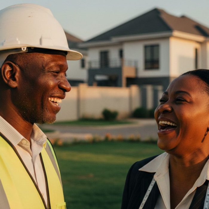 Two senior professionals sharing a genuine moment at a completed estate.