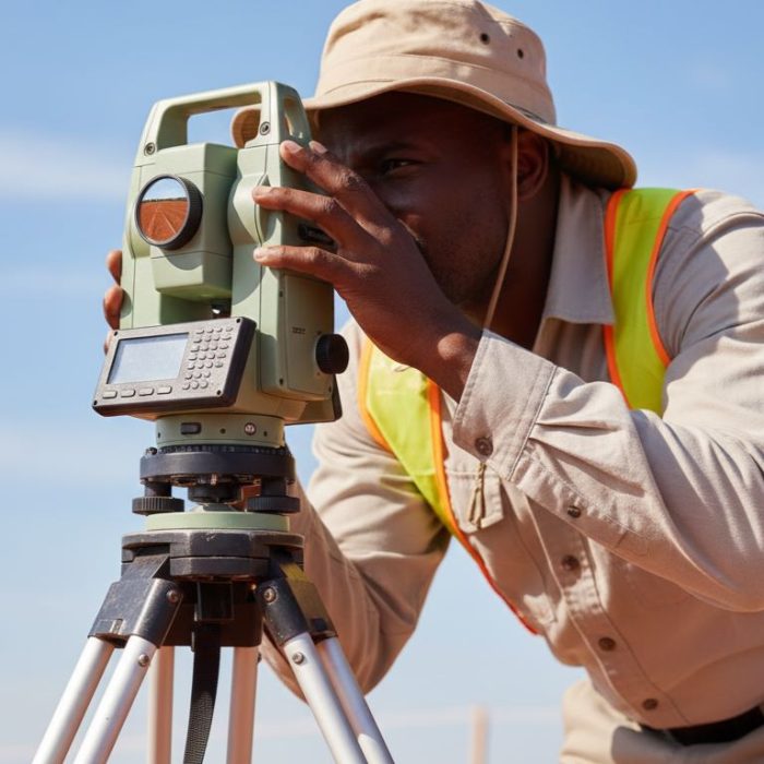 Surveyor looking through an instrument, its lens reflecting a marked, empty plot of land ready for development.